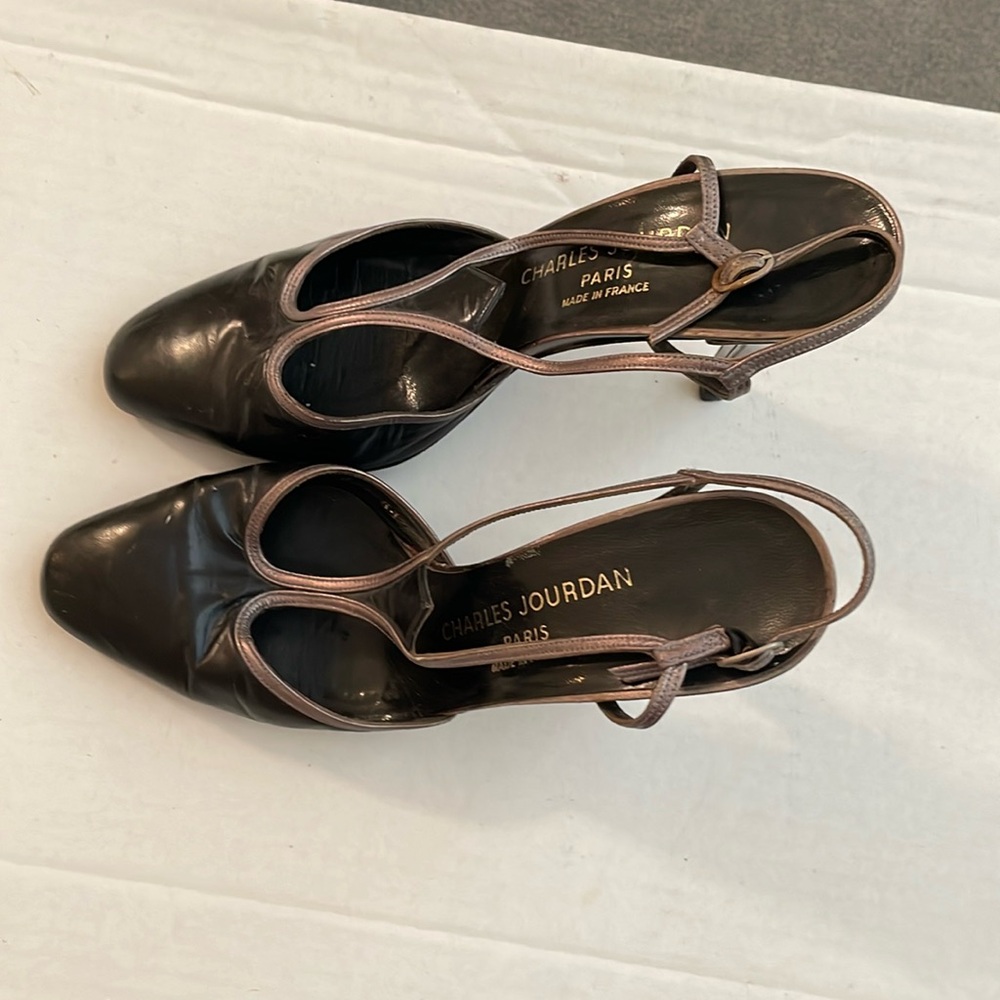 Charles Jourdan Black w/ gray straps high heels